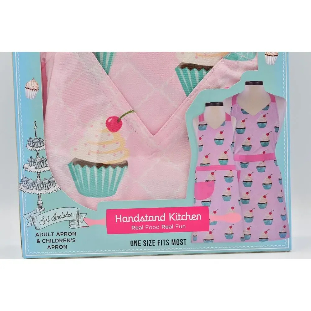 Adult & Child Apron Set Cotton Pink Cupcakes 2 Aprons Handstand Kitchen NEW